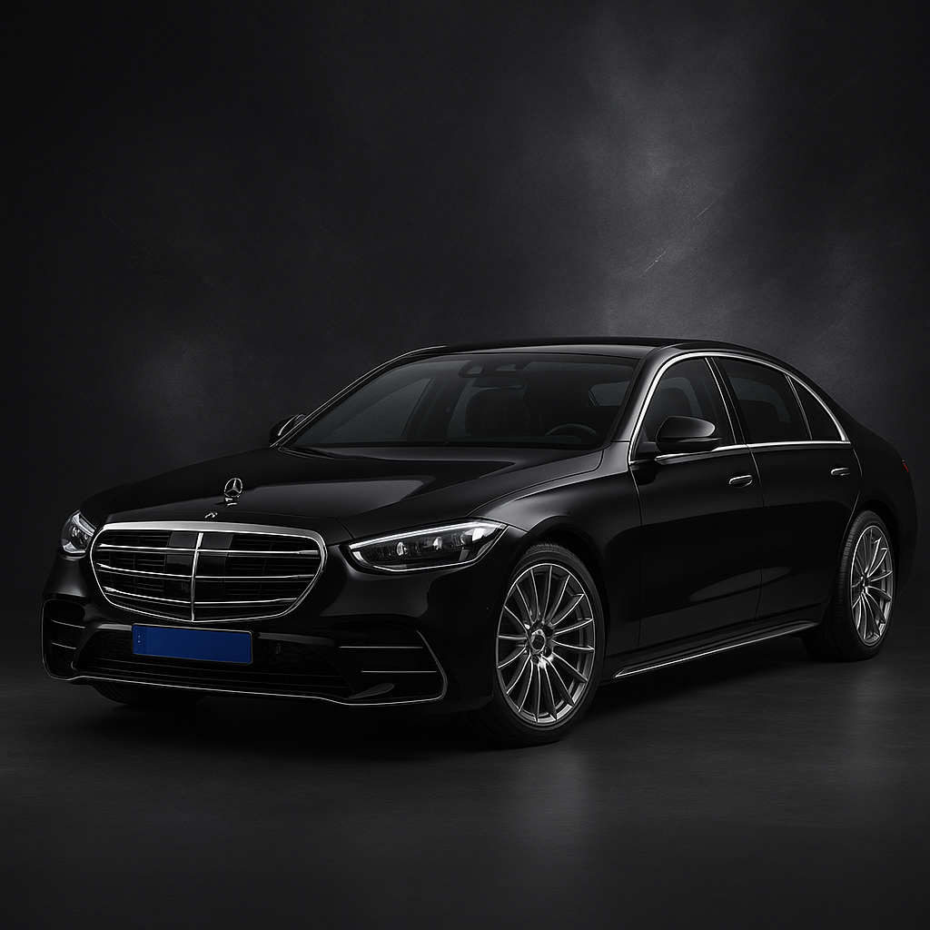 Mercedes S klasse in glanzend zwart met zilveren details